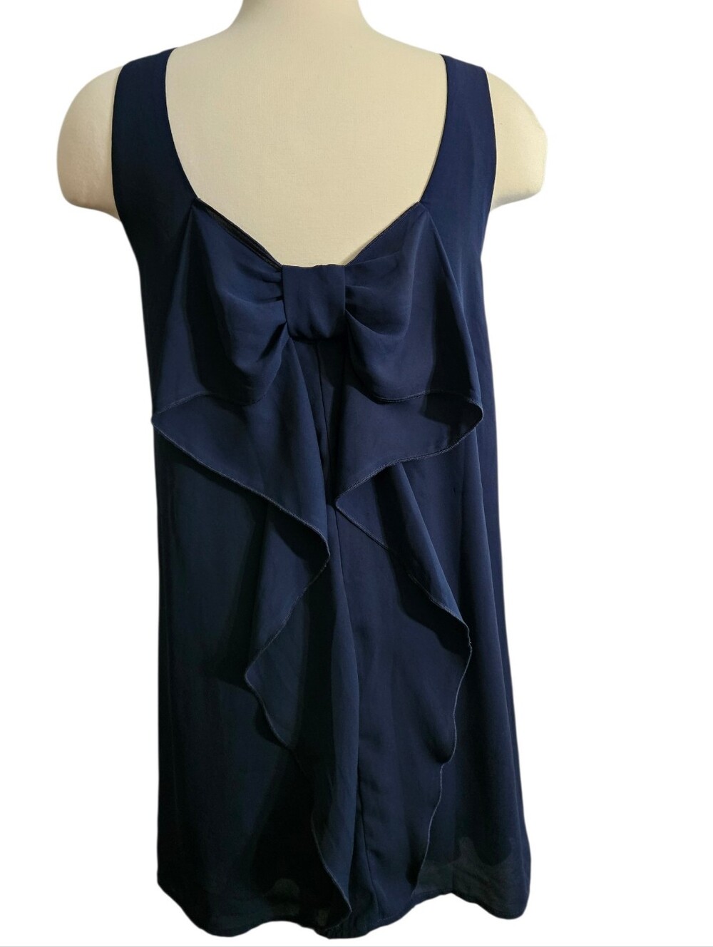 Everly Navy Sleeveless Shift Dress, Statement Back Bow & Ruffle, Medium